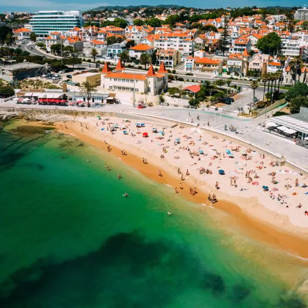 Aerial view of pedestrian promenade in Estoril with Poca Beach visible, Lisbon Region, Portugal on a sunny day