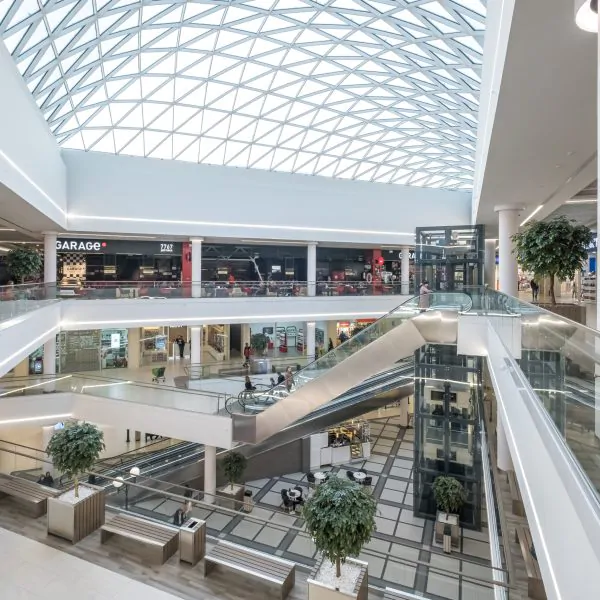 MINSK, BELARUS -MAY 2020: Huge empty shopping mall. social distance and quarantine
